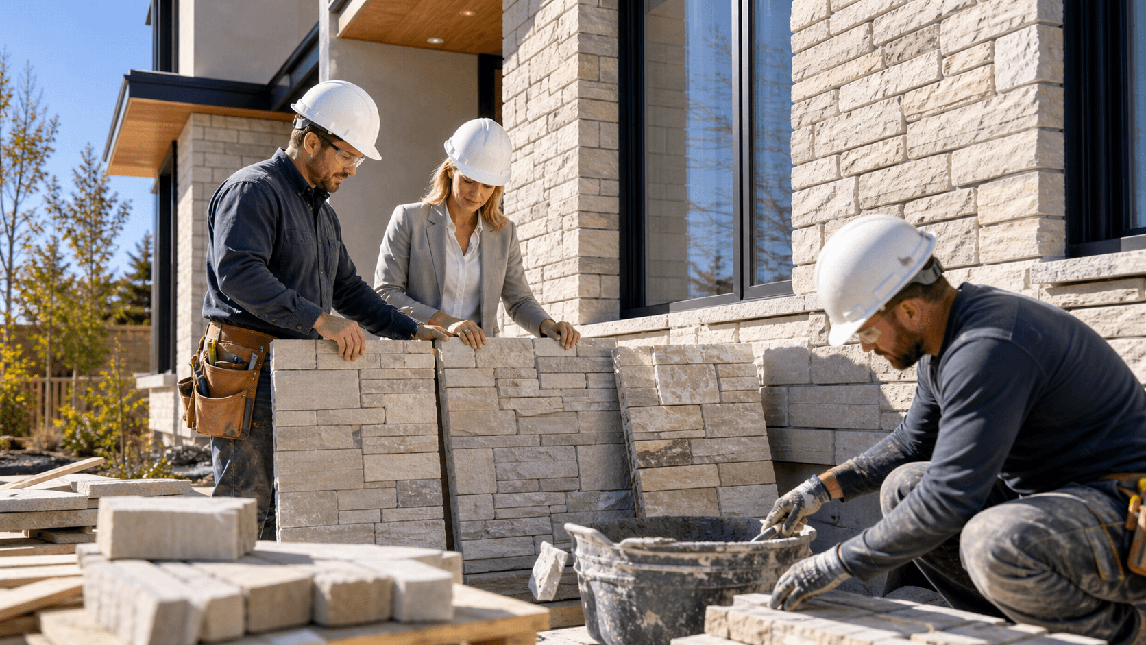 Architect reviewing stone veneer samples beside modern building plans in a bright, neutral-toned office.