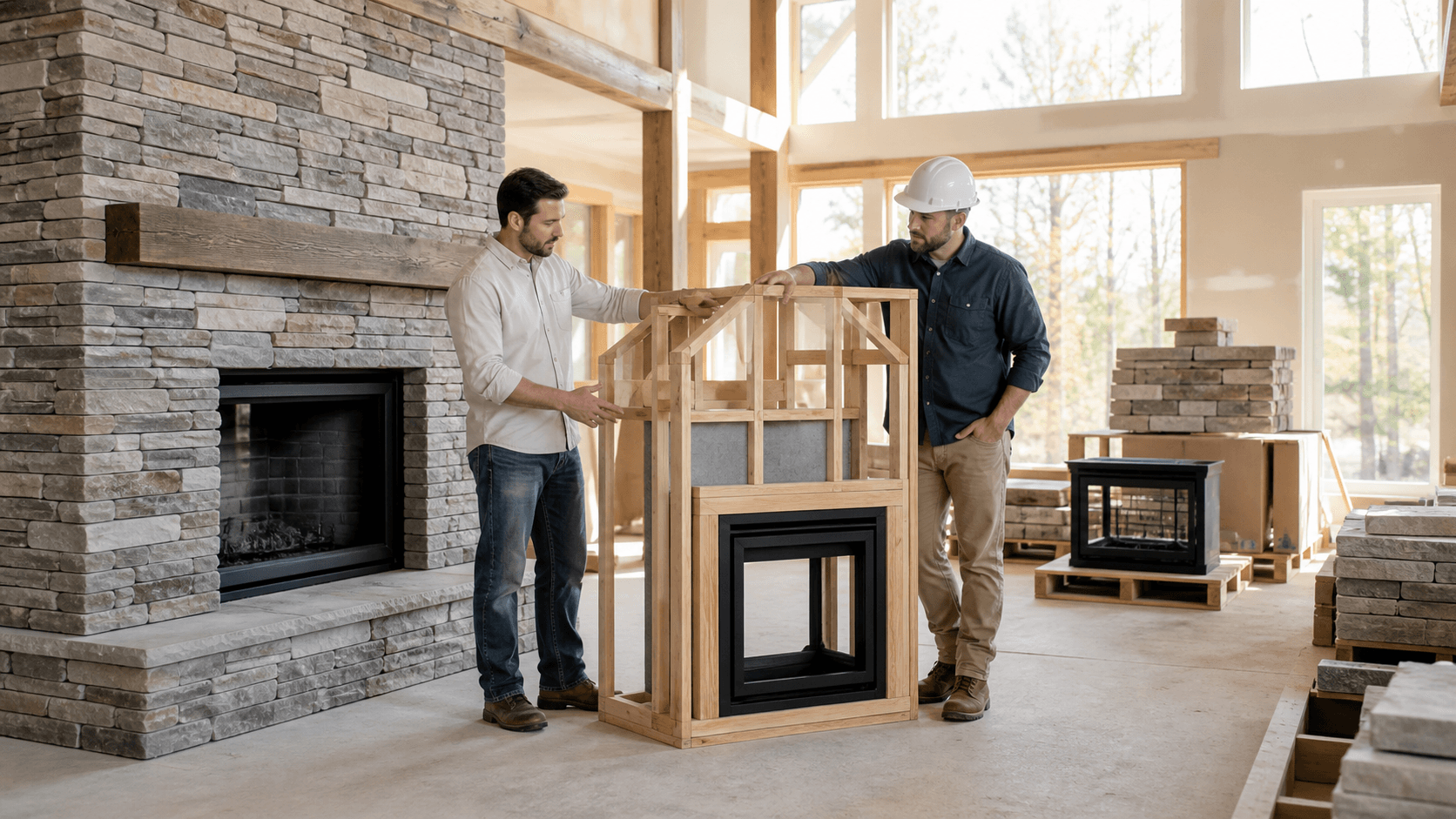 Unfinished living room with a stone fireplace surround under construction, lit by warm daylight.