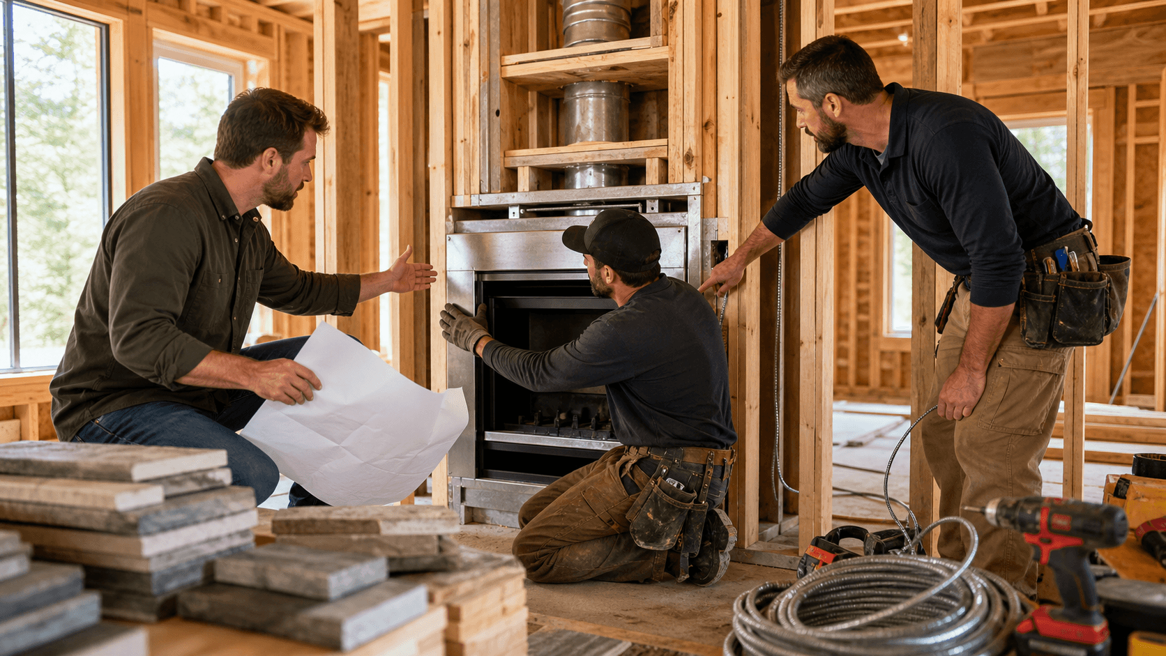 Construction crew installing a fireplace frame in a wood-stud wall beneath bright interior lighting.
