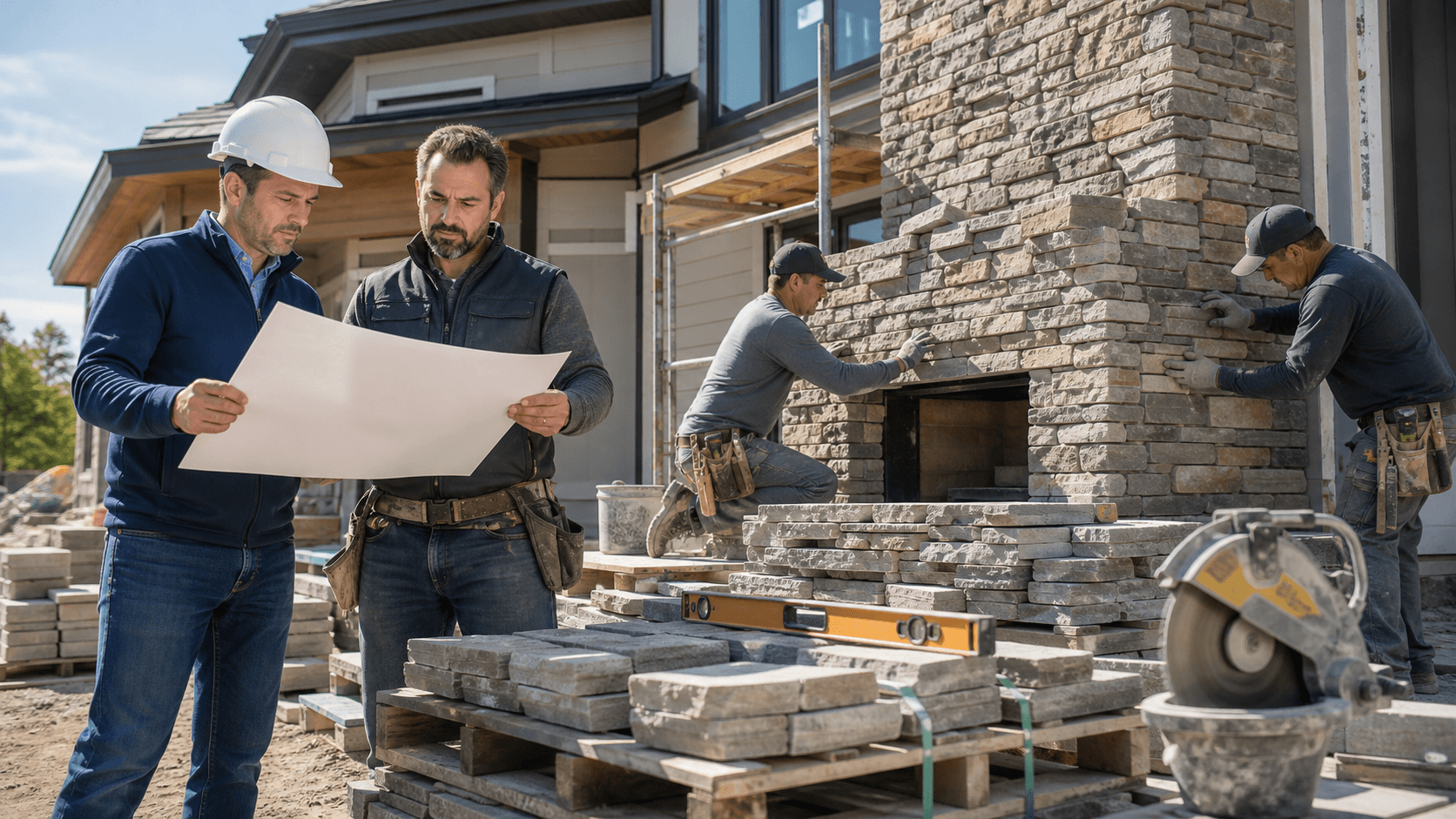 Builder in hard hat reviews stone veneer samples beside a partially clad exterior wall in daylight.