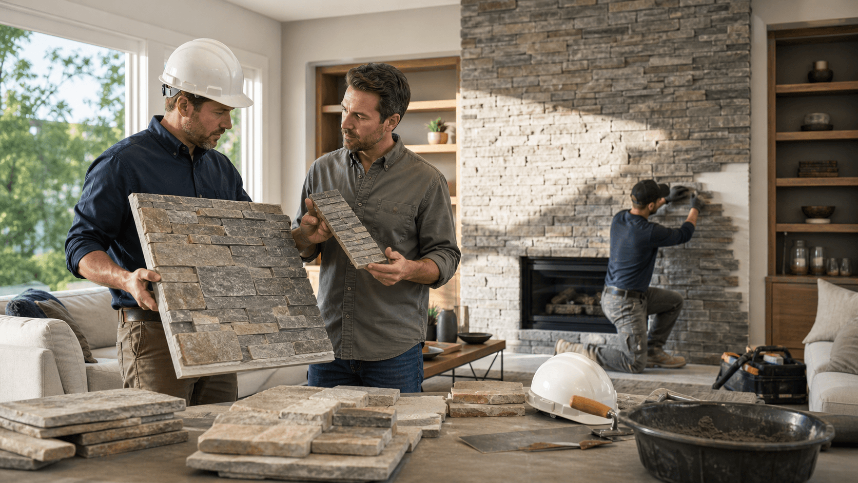 Builder comparing smooth interior stone panels with rough split stone veneer samples in a bright workspace