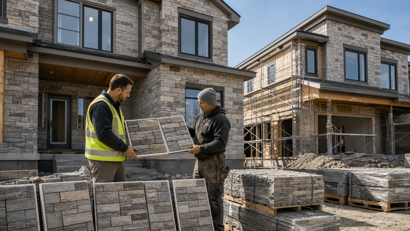 Row of modern townhomes with matching gray stone veneer facades in warm daylight.