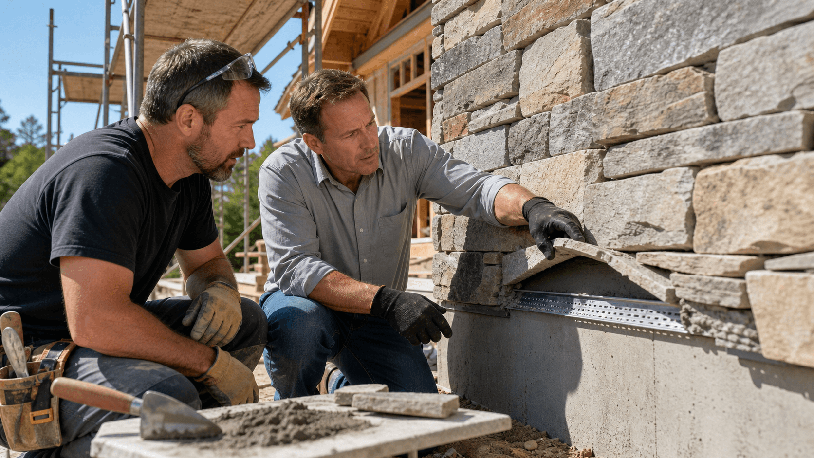 New home exterior with stone veneer, exposed flashing, and water stains beneath a cloudy sky.